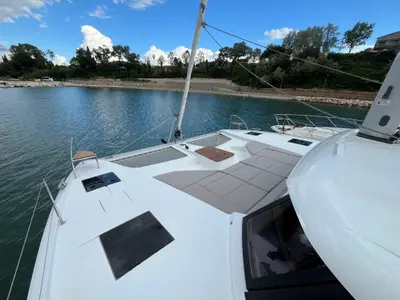 Cockpit of Avamare, a Fountaine Pajot FP 44 Quatuor catamaran at Mytikas, Greece
