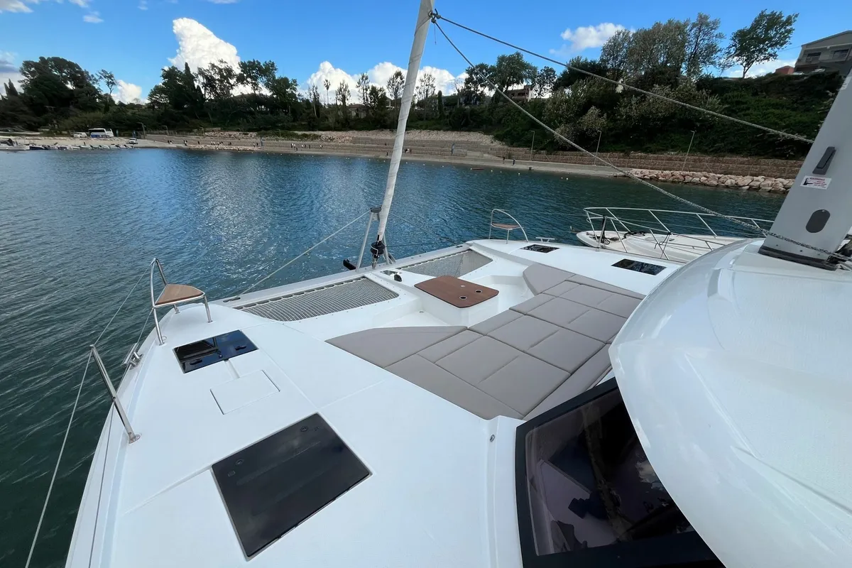 Cockpit of Avamare, a Fountaine Pajot FP 44 Quatuor catamaran at Mytikas, Greece