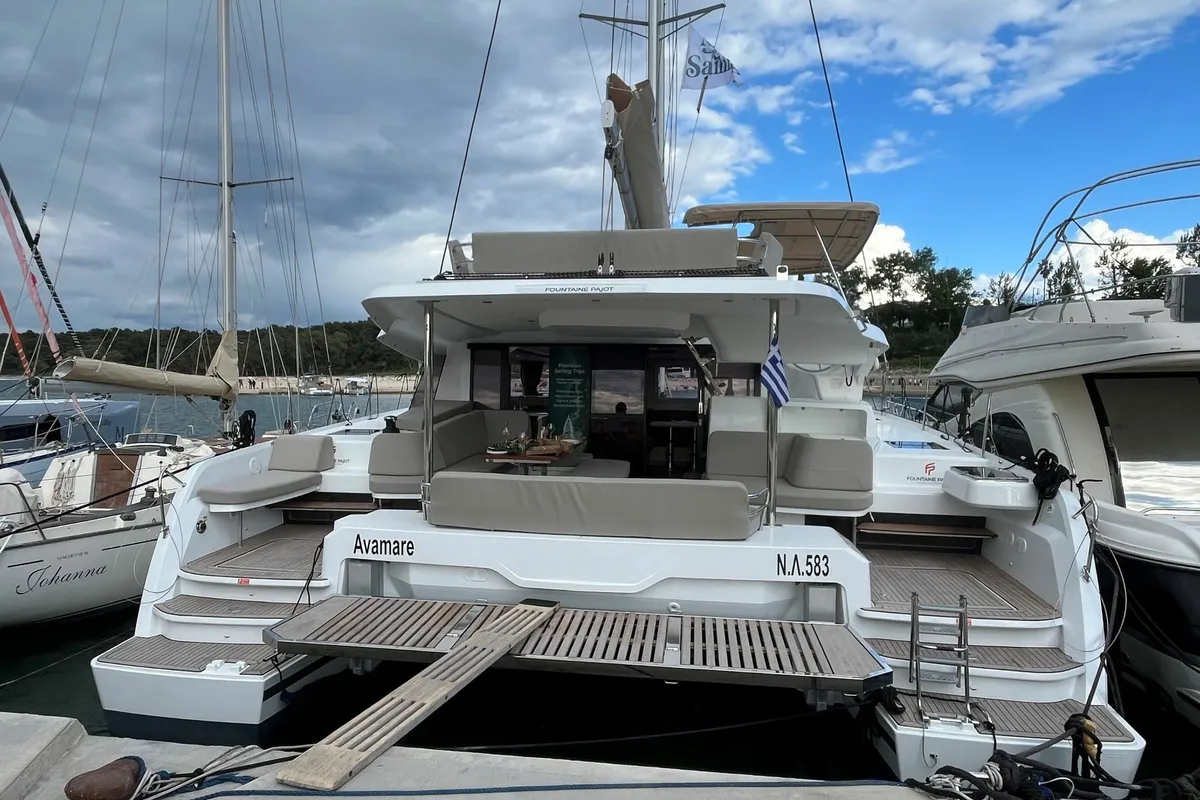 Deck of Avamare, a Fountaine Pajot FP 44 Quatuor catamaran at Mytikas, Greece