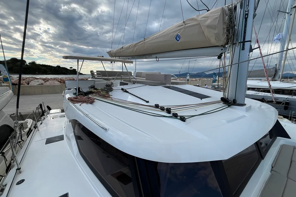 Exterior view of Avamare, a Fountaine Pajot FP 44 Quatuor catamaran at Mytikas, Greece