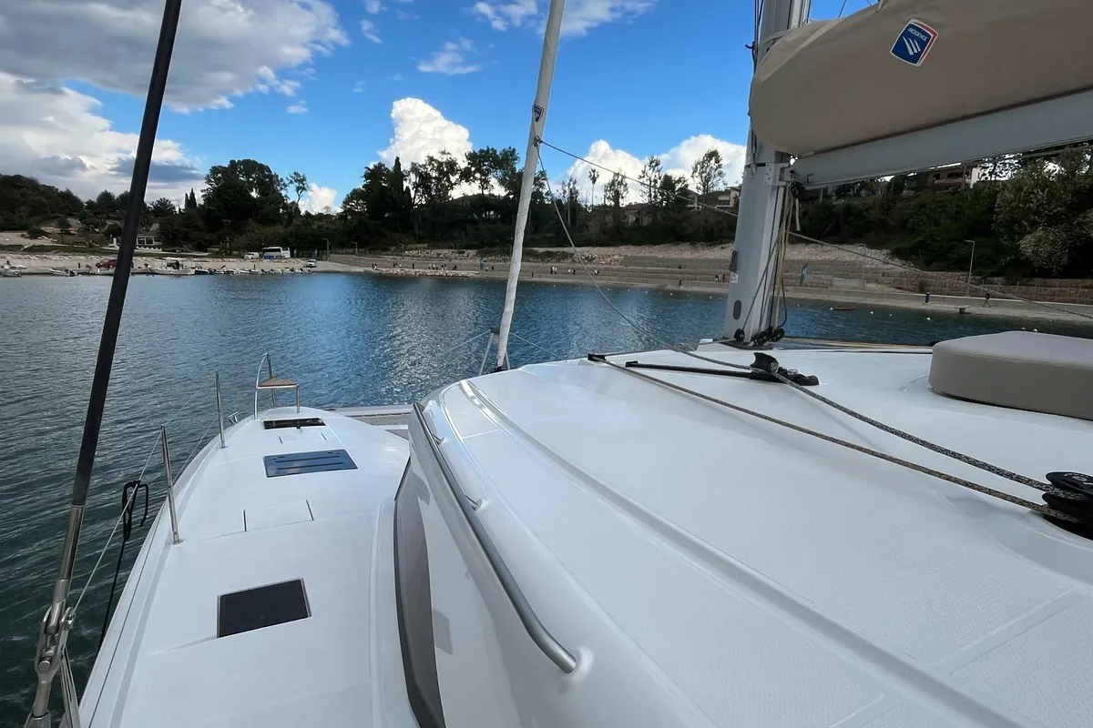 Exterior view of Avamare, a Fountaine Pajot FP 44 Quatuor catamaran at Mytikas, Greece