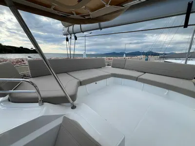 Deck of Avamare, a Fountaine Pajot FP 44 Quatuor catamaran at Mytikas, Greece