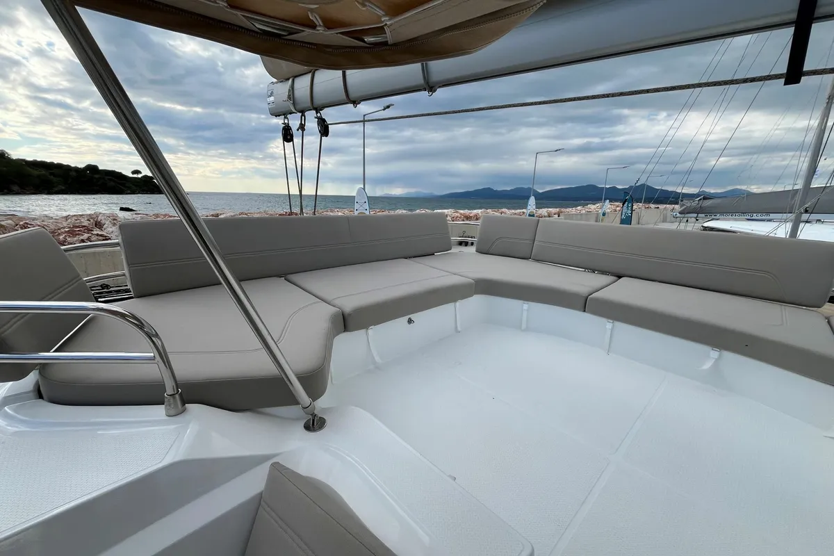 Deck of Avamare, a Fountaine Pajot FP 44 Quatuor catamaran at Mytikas, Greece