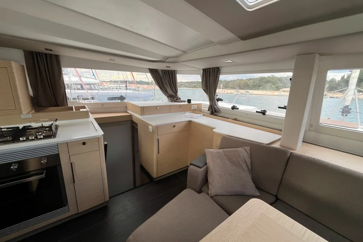 Salon of Avamare, a Fountaine Pajot FP 44 Quatuor catamaran at Mytikas, Greece