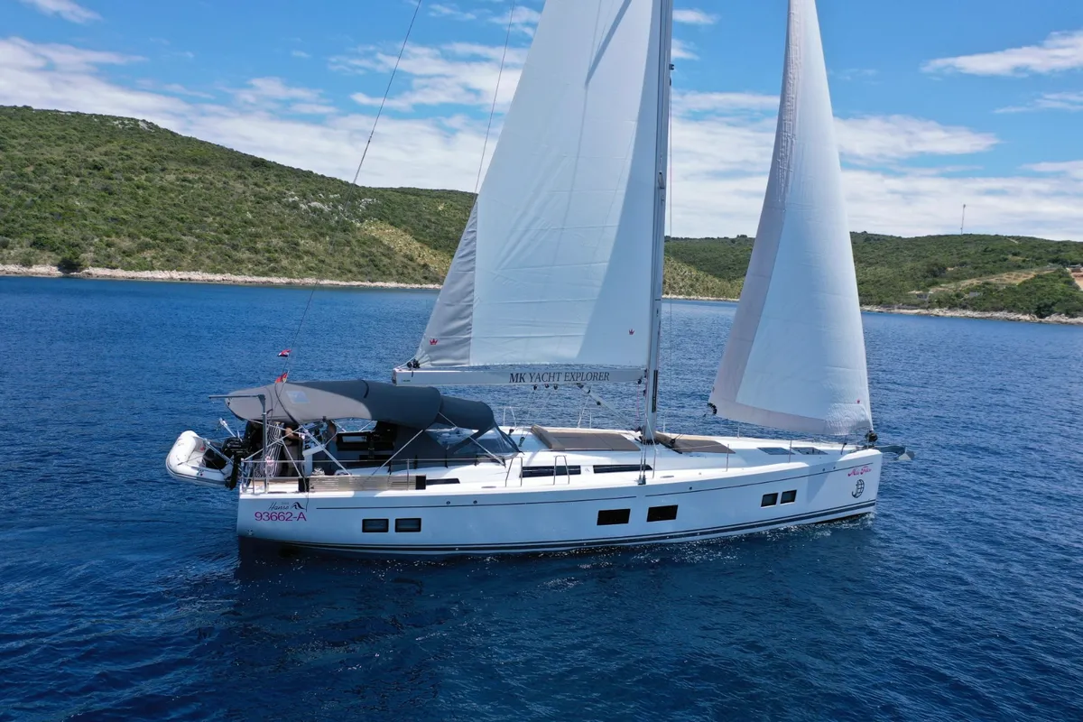 Exterior view of Mila Felice, a Hanse 548 sailboat at Seget Donji, Croatia