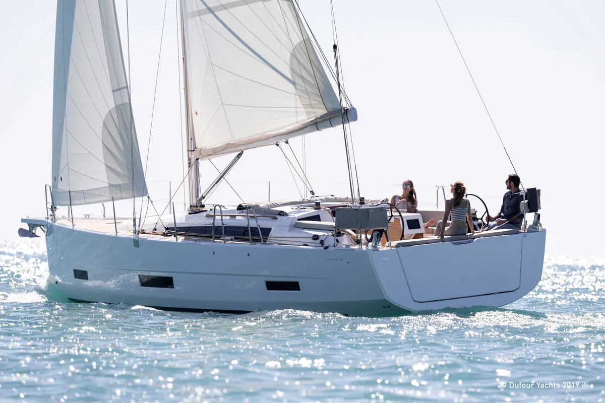 Exterior view of Orsalia, a Dufour 390 Grand Large sailboat at Kontokali, Greece