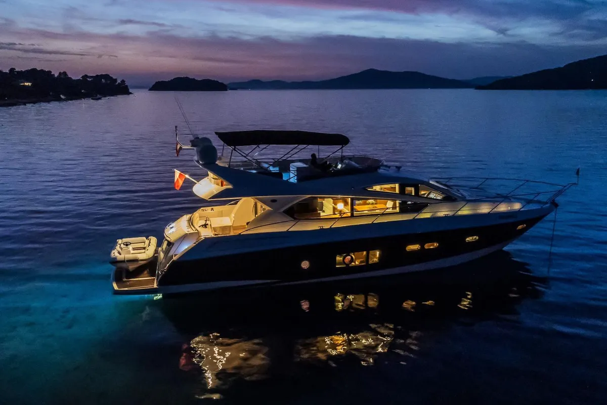 Exterior view of 2 Drunk, a Sunseeker Manhattan 63 motor yacht at Seget Donji, Croatia