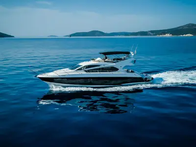 Exterior view of 2 Drunk, a Sunseeker Manhattan 63 motor yacht at Seget Donji, Croatia