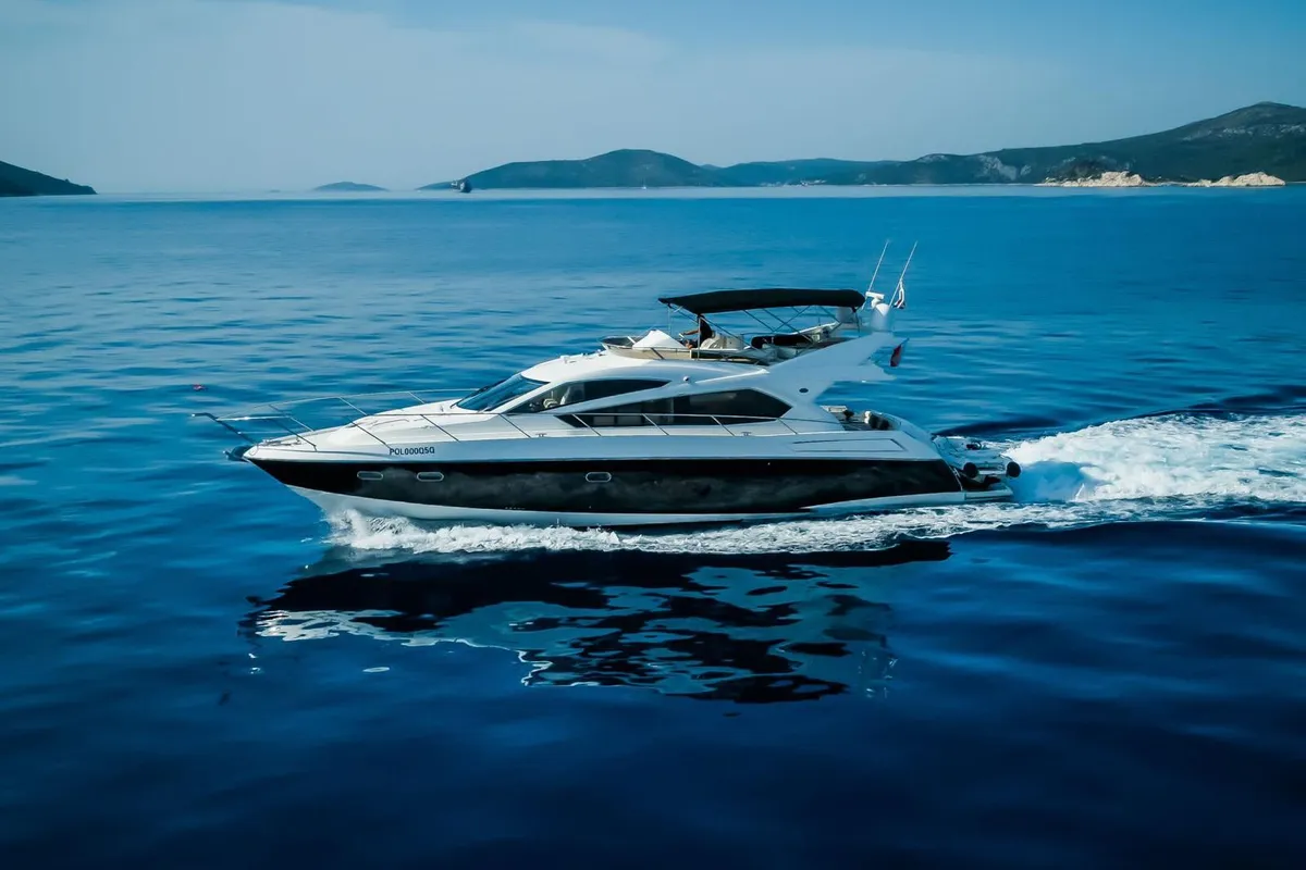 Exterior view of 2 Drunk, a Sunseeker Manhattan 63 motor yacht at Seget Donji, Croatia