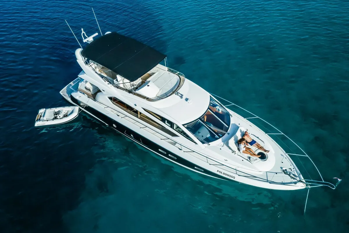Exterior view of 2 Drunk, a Sunseeker Manhattan 63 motor yacht at Seget Donji, Croatia