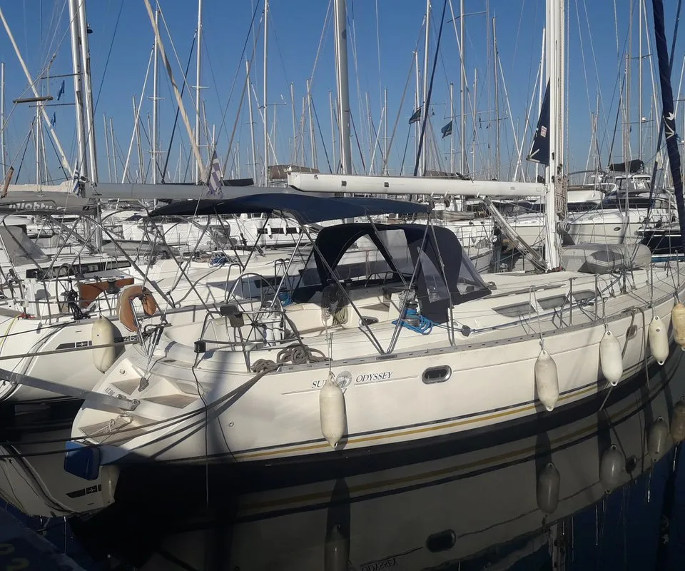 Exterior view of Sweet Sue II, a Jeanneau Sun Odyssey 47 sailboat at Athens, Greece