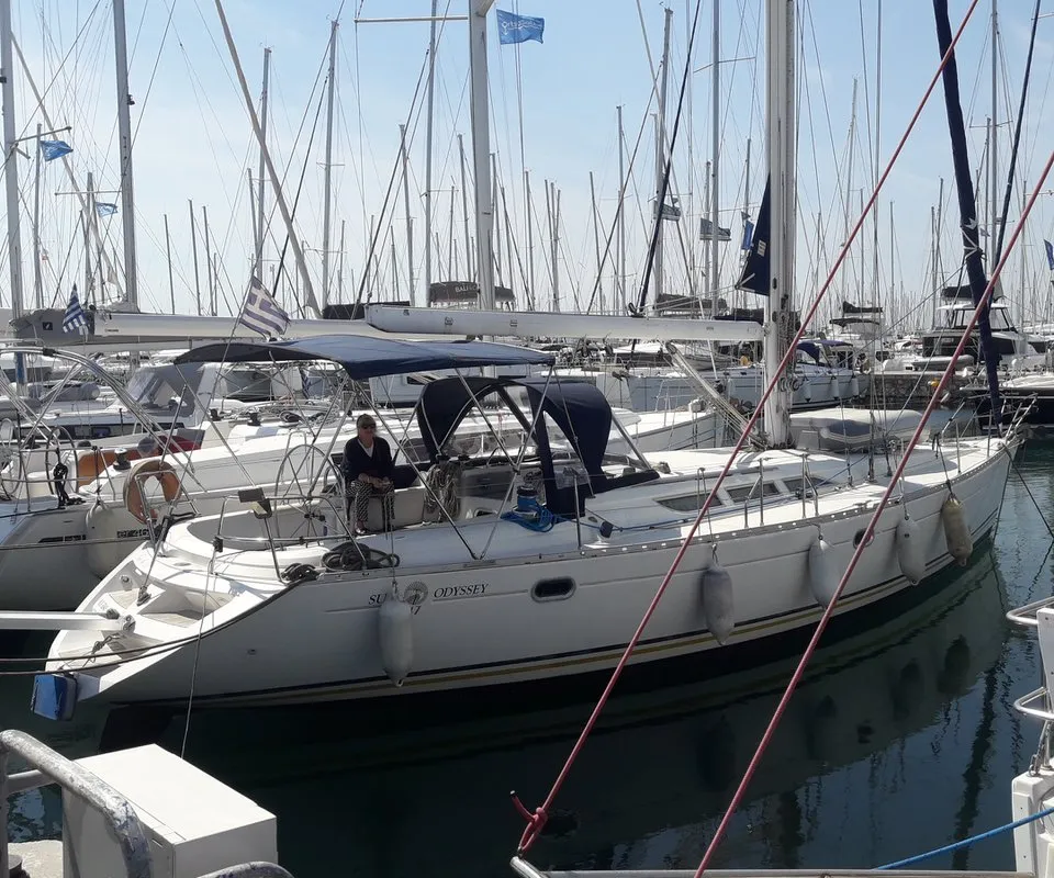 Exterior view of Sweet Sue II, a Jeanneau Sun Odyssey 47 sailboat at Athens, Greece