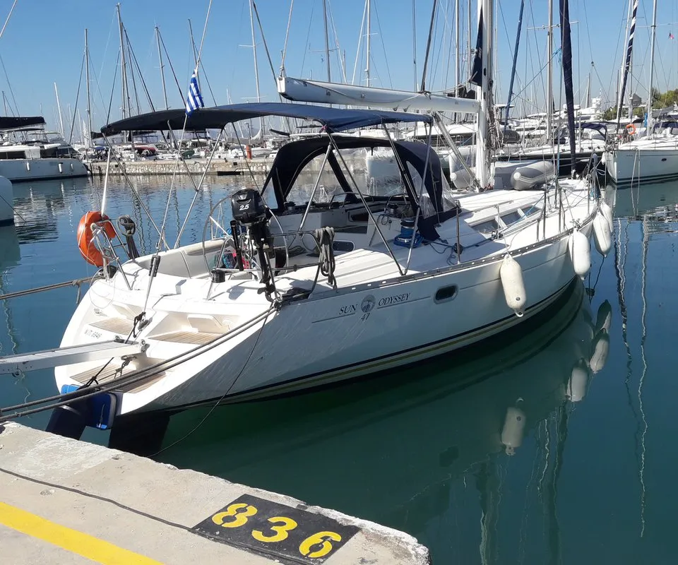 Exterior view of Sweet Sue II, a Jeanneau Sun Odyssey 47 sailboat at Athens, Greece
