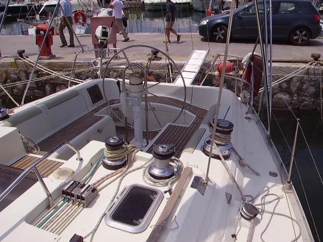 Cockpit of Sweet Sue II, a Jeanneau Sun Odyssey 47 sailboat at Athens, Greece