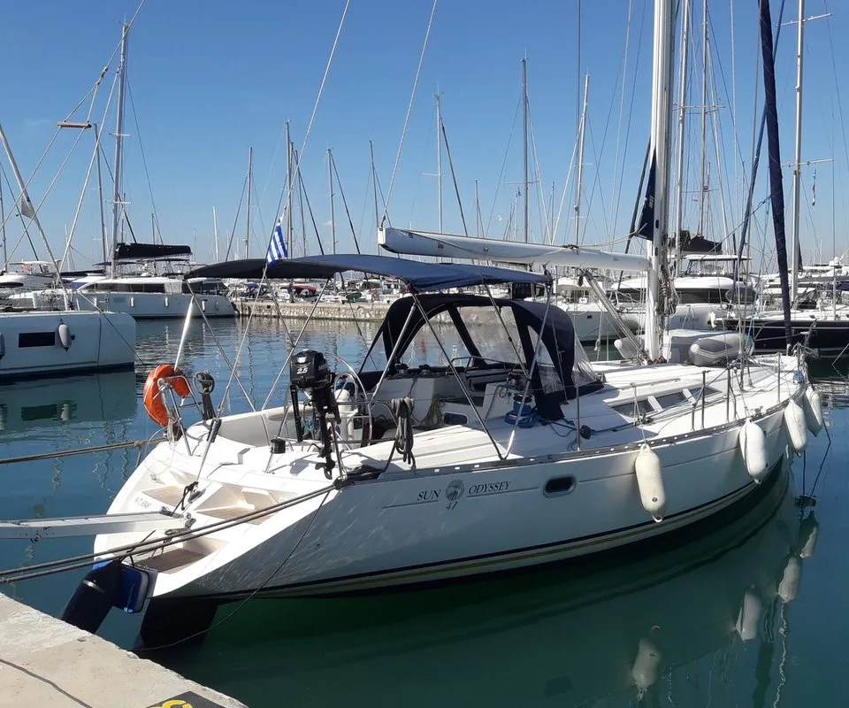 Exterior view of Sweet Sue II, a Jeanneau Sun Odyssey 47 sailboat at Athens, Greece
