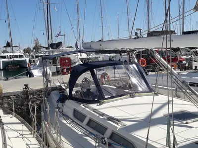 Deck of Sweet Sue II, a Jeanneau Sun Odyssey 47 sailboat at Athens, Greece
