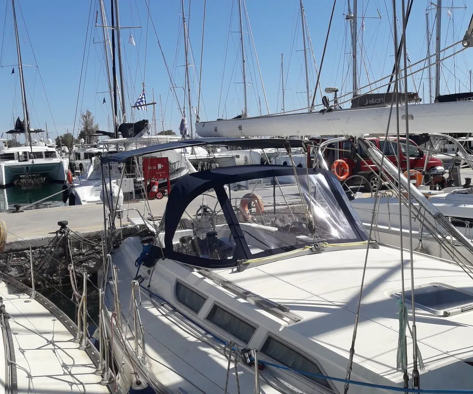 Deck of Sweet Sue II, a Jeanneau Sun Odyssey 47 sailboat at Athens, Greece
