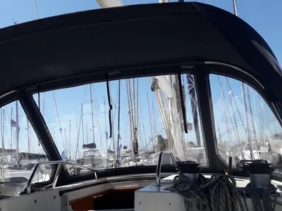 Cockpit of Sweet Sue II, a Jeanneau Sun Odyssey 47 sailboat at Athens, Greece