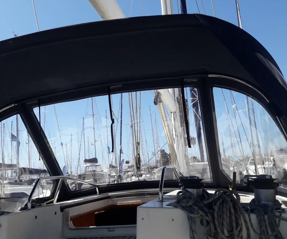 Cockpit of Sweet Sue II, a Jeanneau Sun Odyssey 47 sailboat at Athens, Greece