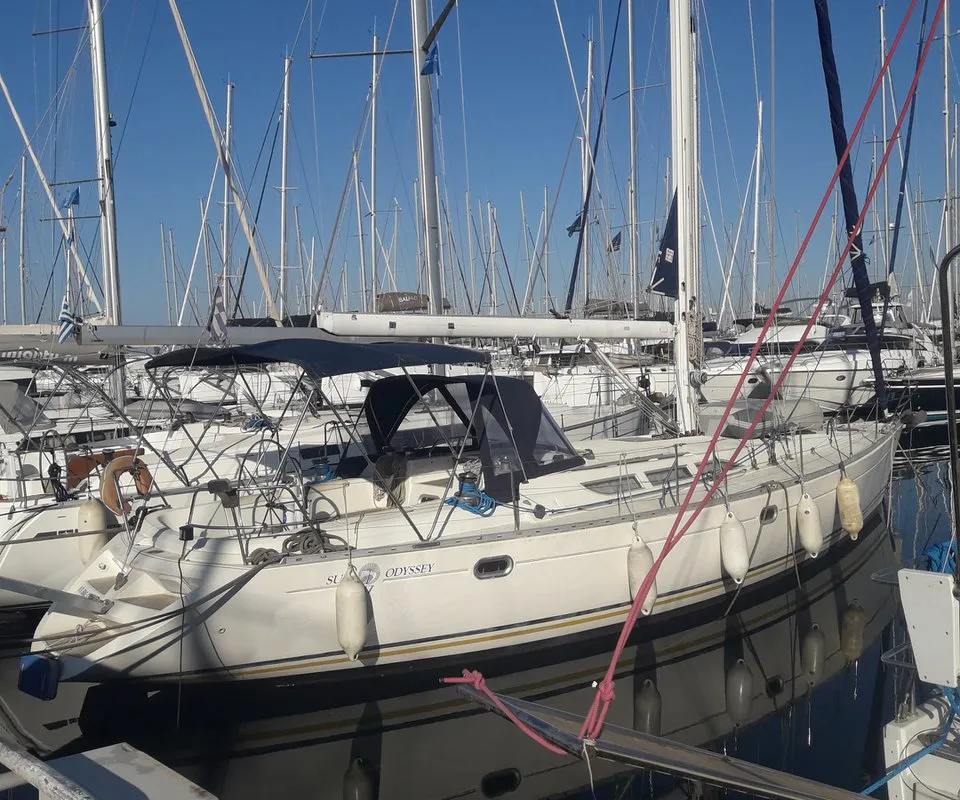 Exterior view of Sweet Sue II, a Jeanneau Sun Odyssey 47 sailboat at Athens, Greece
