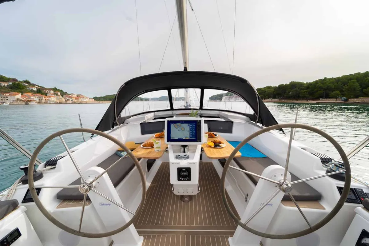 Cockpit of Daydream, a Hanse 388 sailboat at Grad Šibenik, Croatia