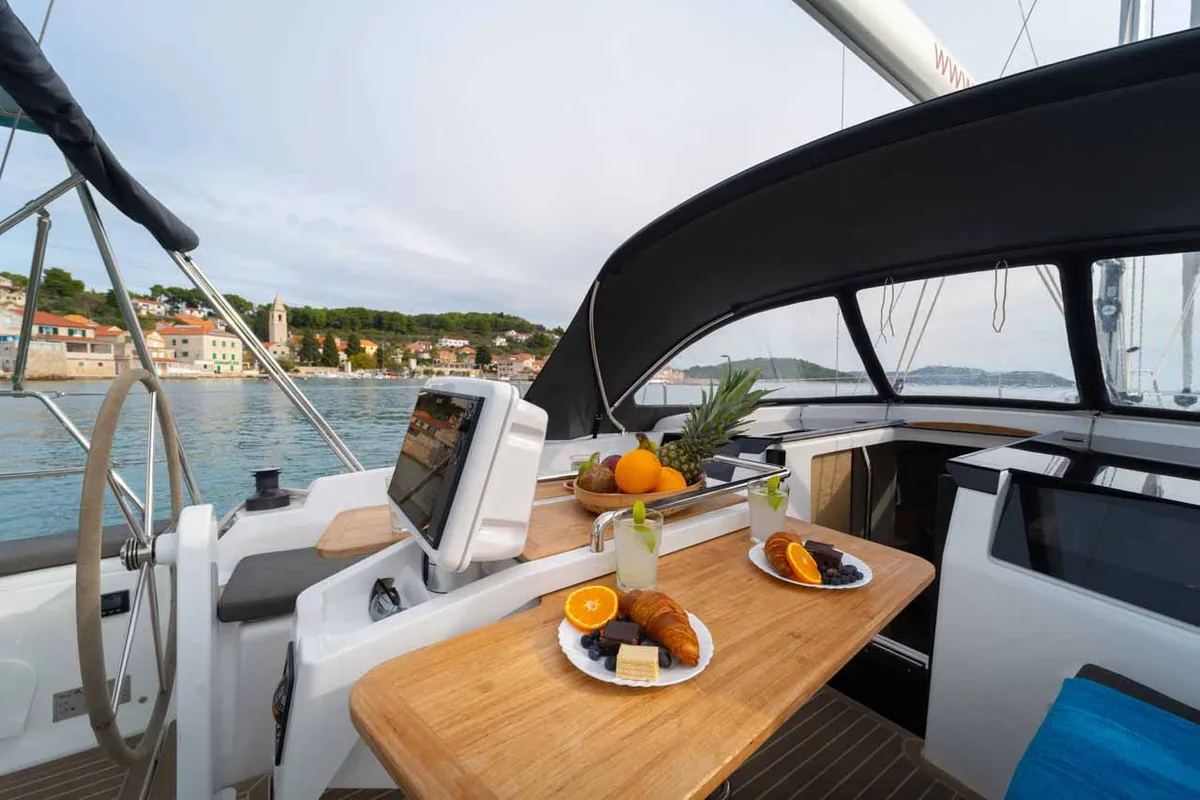 Cockpit of Daydream, a Hanse 388 sailboat at Grad Šibenik, Croatia