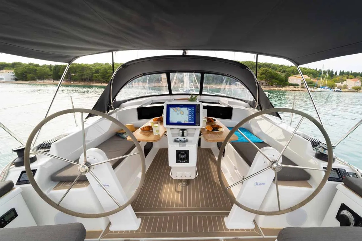 Cockpit of Daydream, a Hanse 388 sailboat at Grad Šibenik, Croatia