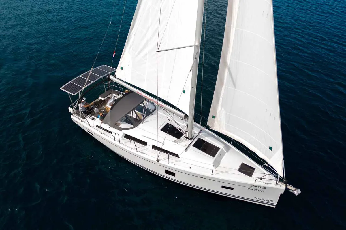 Exterior view of Daydream, a Hanse 388 sailboat at Grad Šibenik, Croatia
