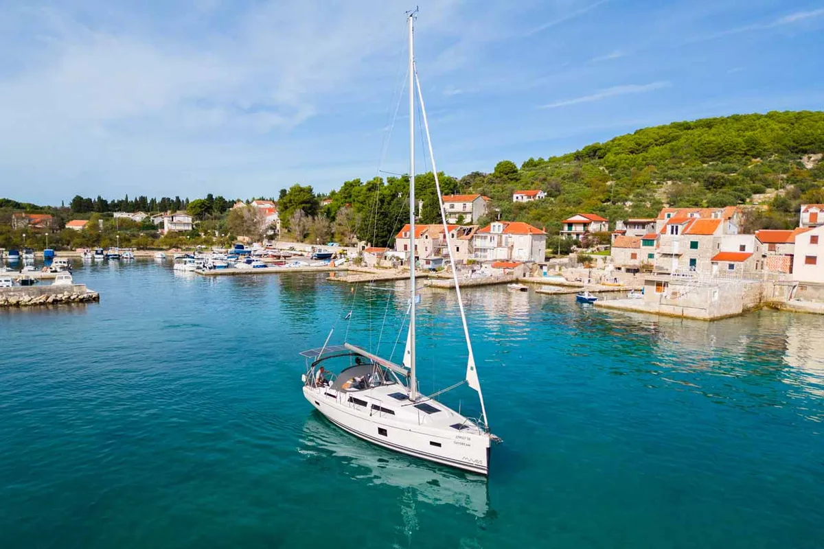 Exterior view of Daydream, a Hanse 388 sailboat at Grad Šibenik, Croatia