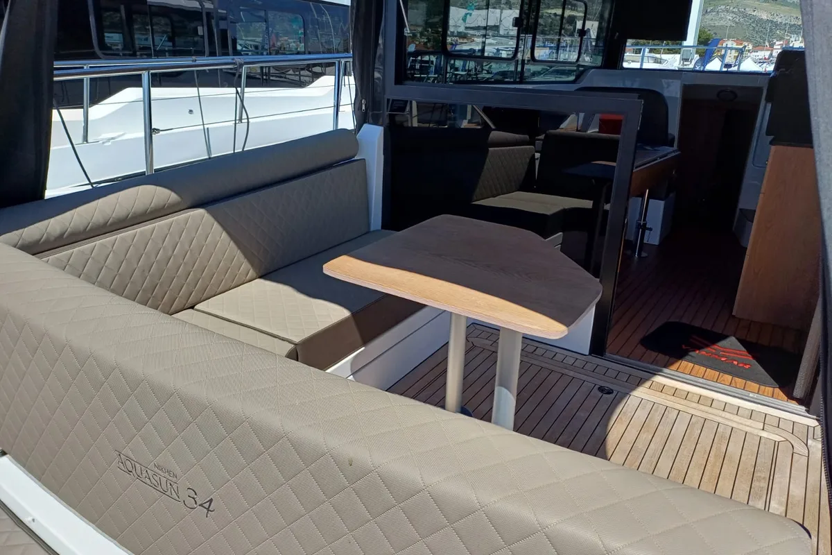 Deck of Šolta, a Nikhen Aquasun 34 Sedan LP motor yacht at Seget Donji, Croatia