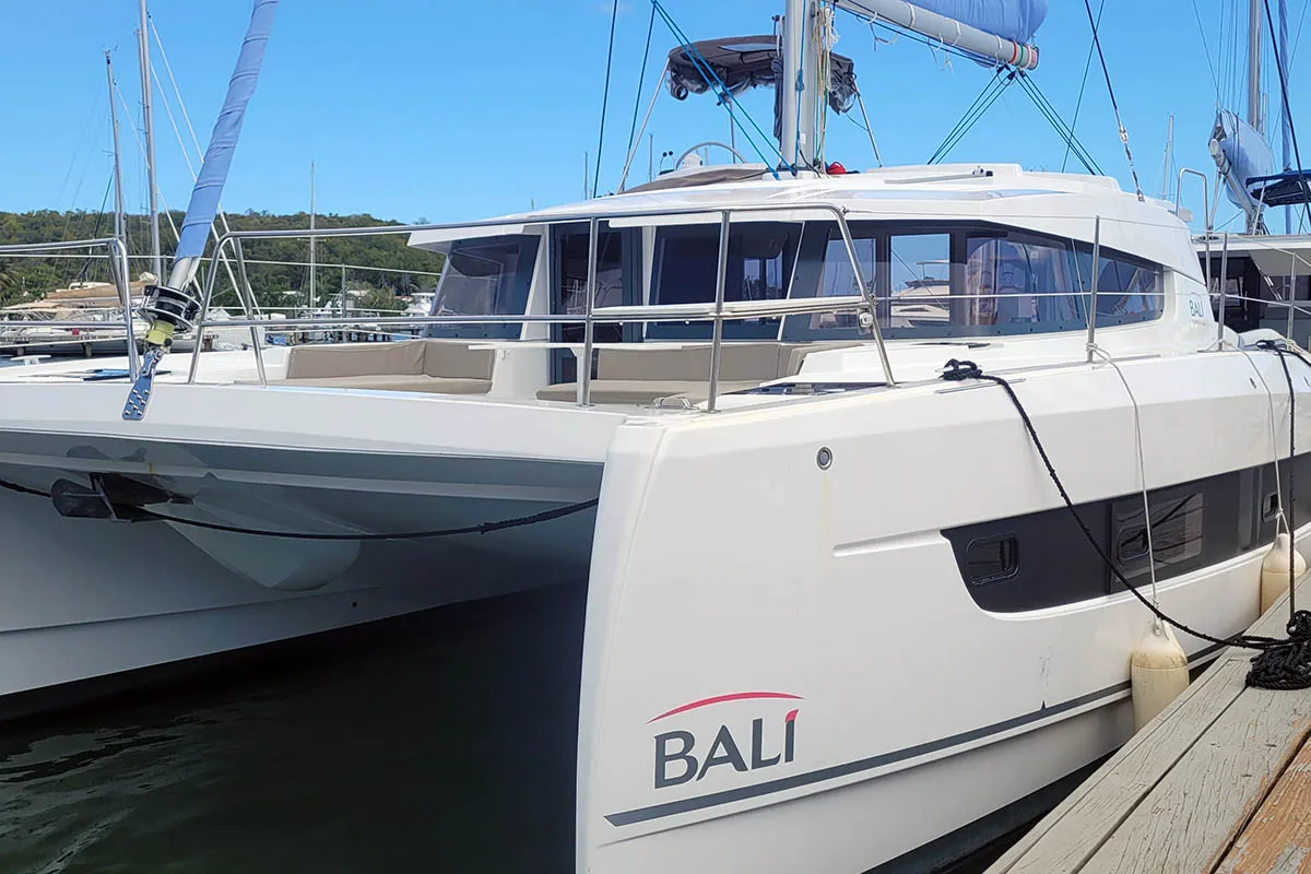 Exterior view of Cat Tales_DB, a Bali 4.2 catamaran at Central Abaco, Bahamas