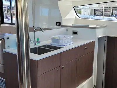 Galley of Cat Tales_DB, a Bali 4.2 catamaran at Central Abaco, Bahamas