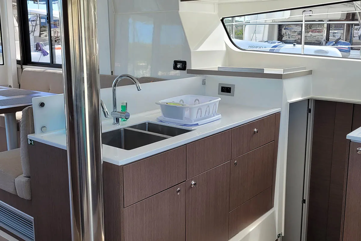 Galley of Cat Tales_DB, a Bali 4.2 catamaran at Central Abaco, Bahamas