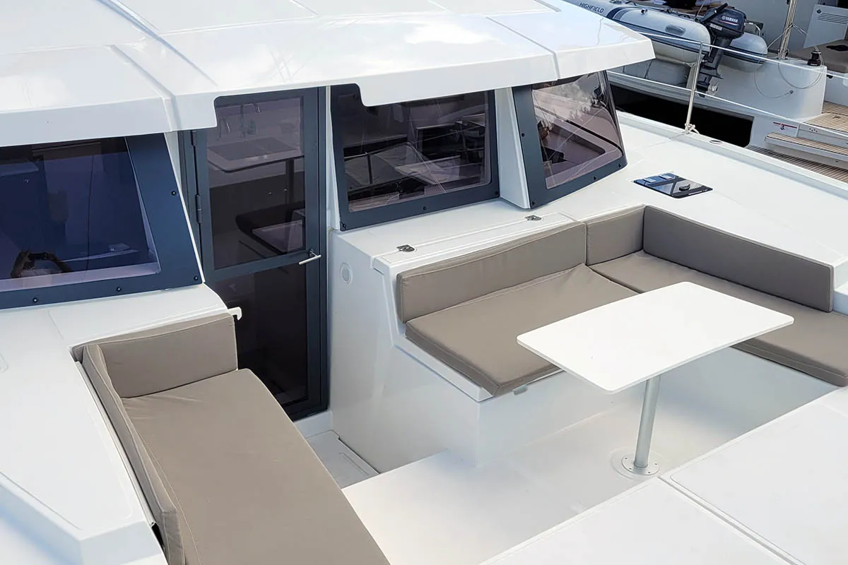 Deck of Cat Tales_DB, a Bali 4.2 catamaran at Central Abaco, Bahamas