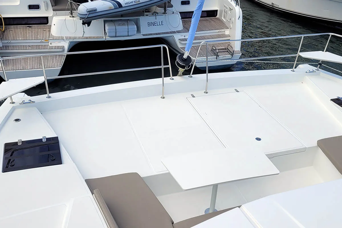 Deck of Cat Tales_DB, a Bali 4.2 catamaran at Central Abaco, Bahamas