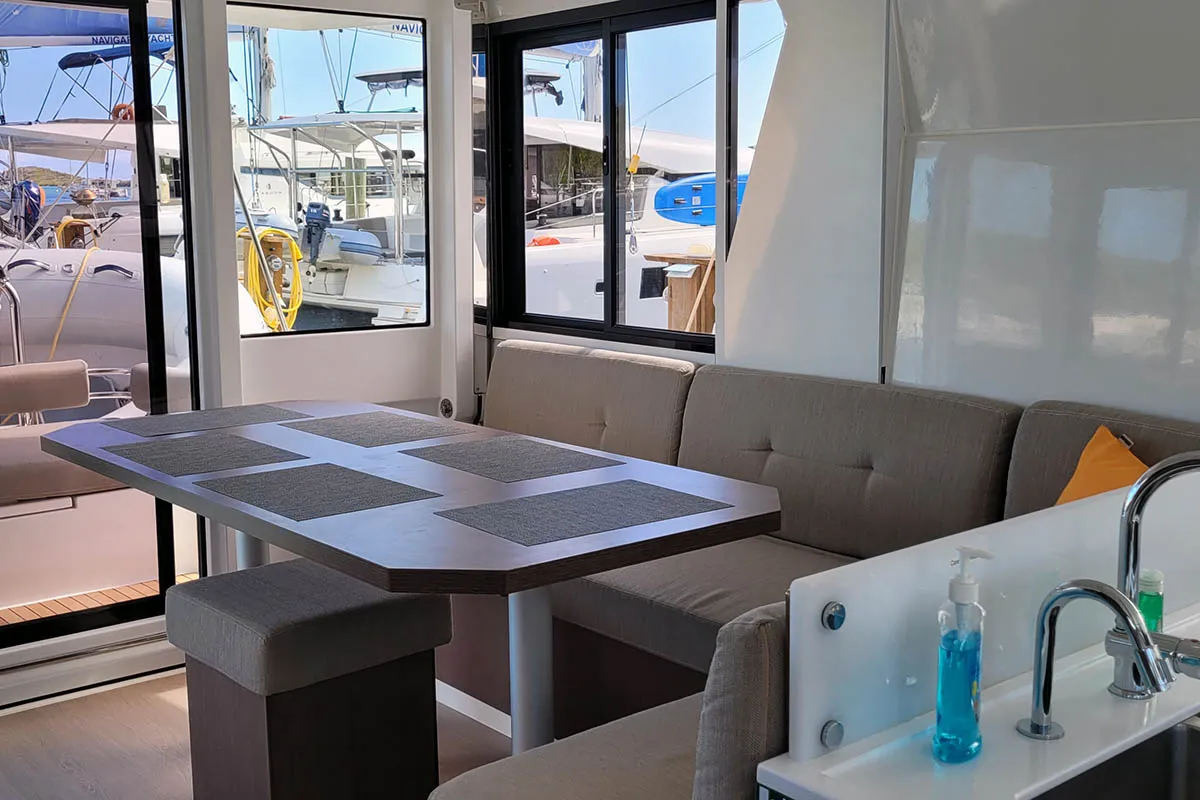 Salon of Cat Tales_DB, a Bali 4.2 catamaran at Central Abaco, Bahamas