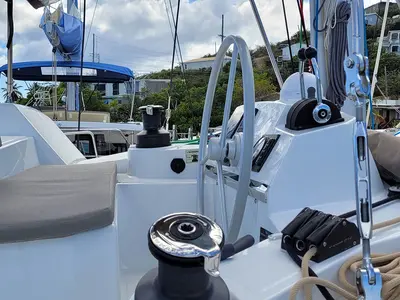 Cockpit of Cat Tales_DB, a Bali 4.2 catamaran at Central Abaco, Bahamas
