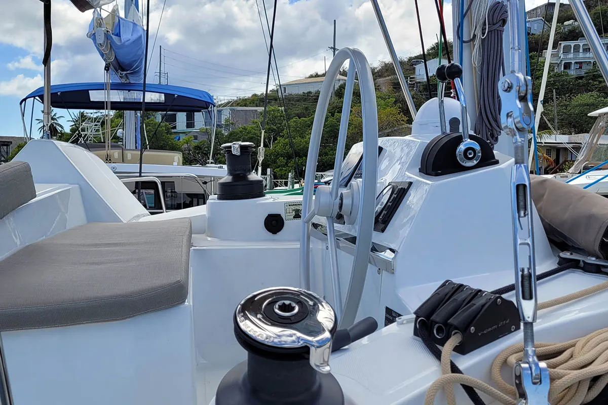 Cockpit of Cat Tales_DB, a Bali 4.2 catamaran at Central Abaco, Bahamas
