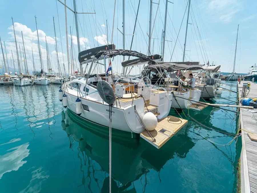Exterior view of Soleos, a Elan Impression 45.1 sailboat at Grad Šibenik, Croatia