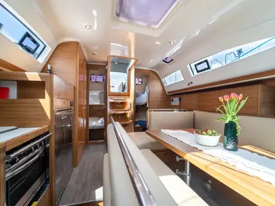 Galley of Soleos, a Elan Impression 45.1 sailboat at Grad Šibenik, Croatia