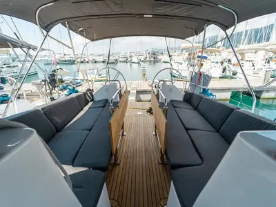 Deck of Soleos, a Elan Impression 45.1 sailboat at Grad Šibenik, Croatia