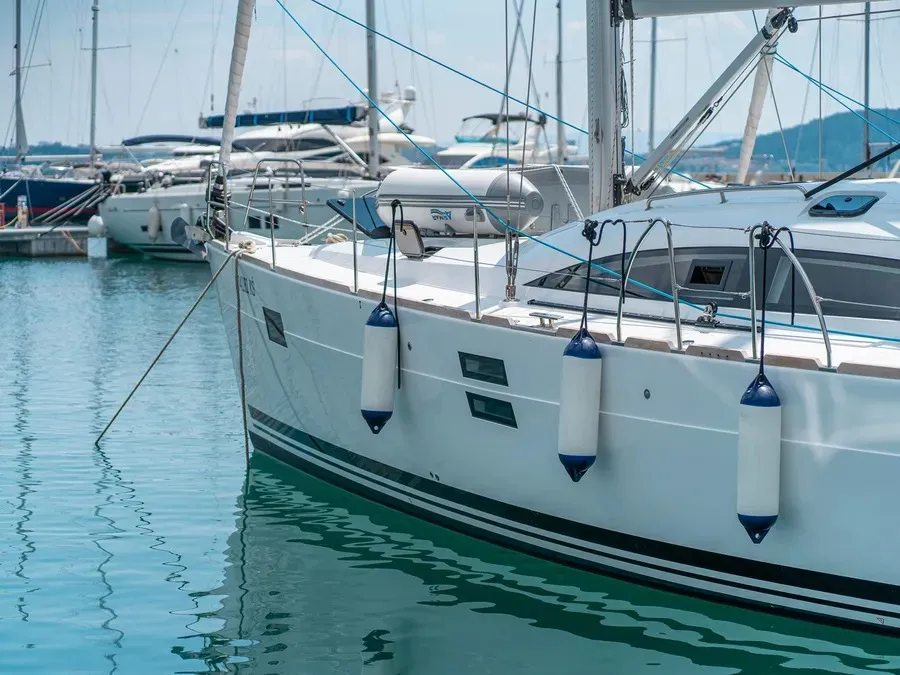 Exterior view of Soleos, a Elan Impression 45.1 sailboat at Grad Šibenik, Croatia