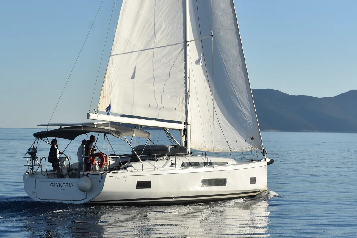 Exterior view of Glykeria , a Beneteau Oceanis 46.1 sailboat at Municipal Unit of Lefkada, Greece