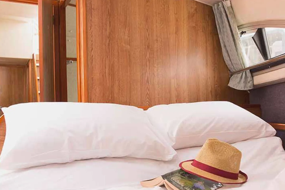 Cabin on Cygnet Clipper, a motorboat at Jarnac, France
