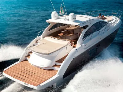 Exterior view of Zaffiro Test, a Sunseeker Portofino 53 motorboat at Sydney, Australia