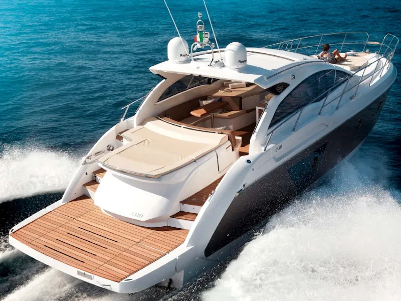Exterior view of Zaffiro Test, a Sunseeker Portofino 53 motorboat at Sydney, Australia