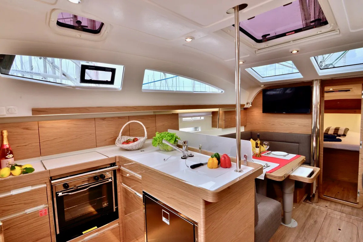 Galley of Marco Polo, a Elan Impression 40 sailboat at Šibenik, Croatia