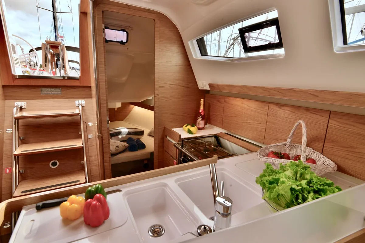 Galley of Marco Polo, a Elan Impression 40 sailboat at Šibenik, Croatia