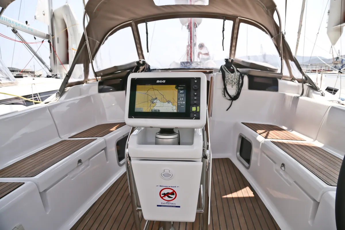 Cockpit of Pasithea, a Jeanneau Sun Odyssey 439 sailboat at Volos, Greece