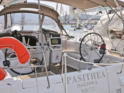Cockpit of Pasithea, a Jeanneau Sun Odyssey 439 sailboat at Volos, Greece